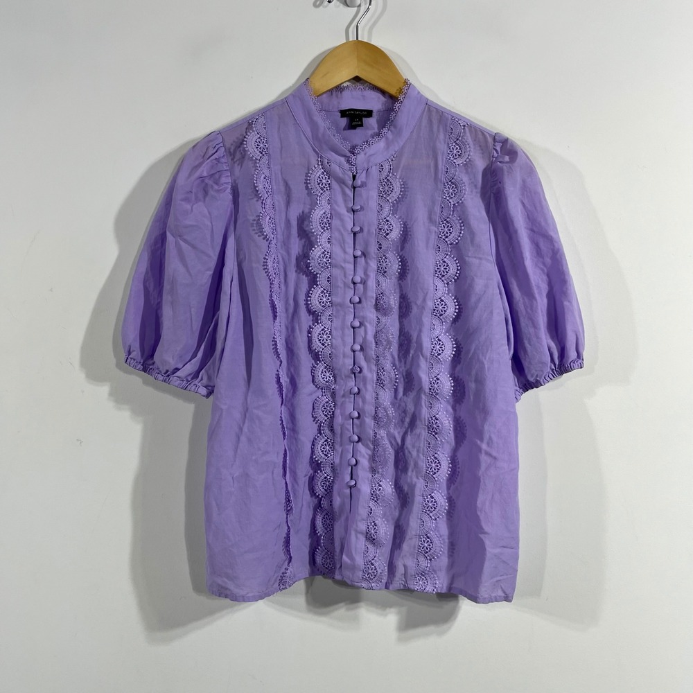 Ann Taylor Victorian Cottagecore Eyelet Lace Trim Boho Mock Neck Top Large Pet